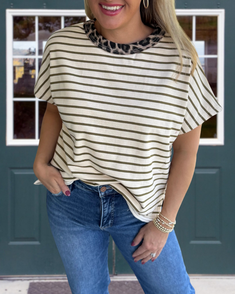 Leopard Trim Striped T-shirt