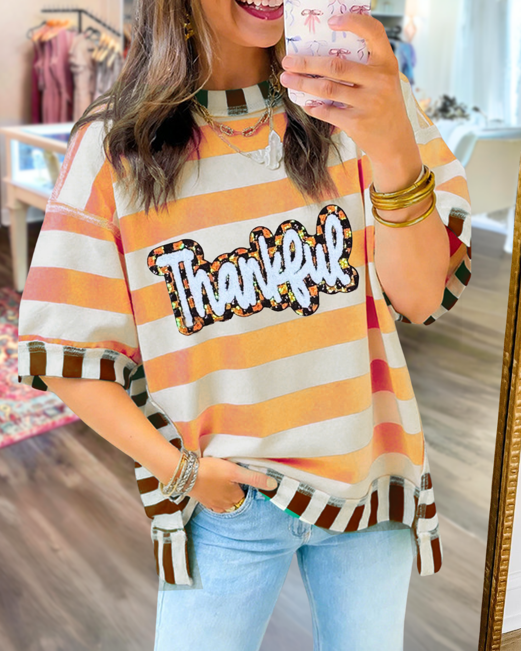 Thankful Thanksgiving Striped Sequin T-shirt