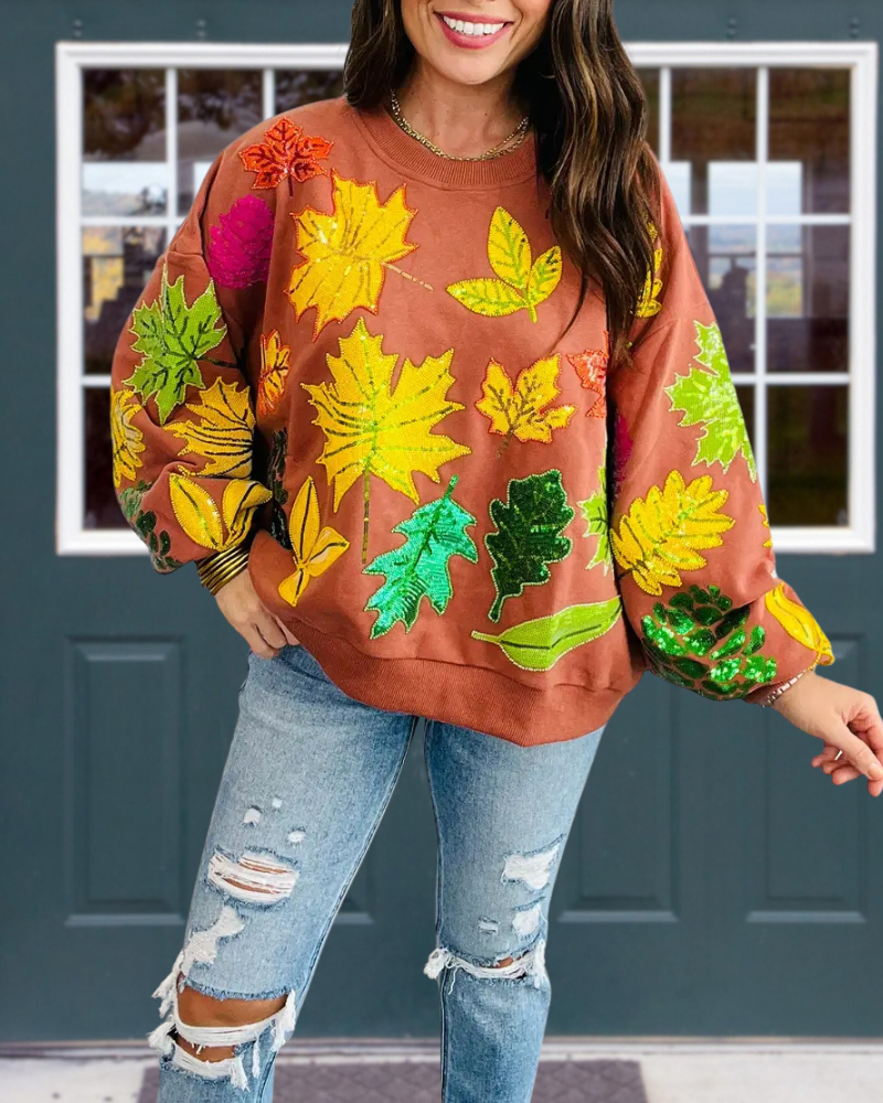 Fall Leaves Sequined Crewneck Sweatshirt