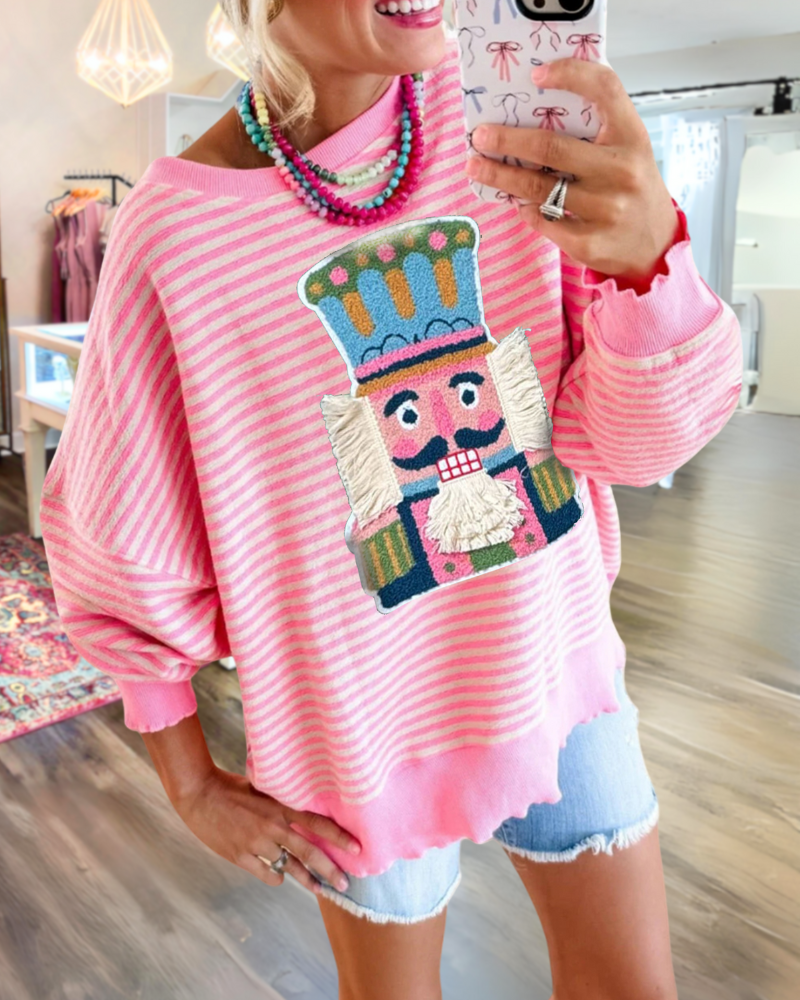 Nutcracker Soldier Embroidered Striped Sweatshirt