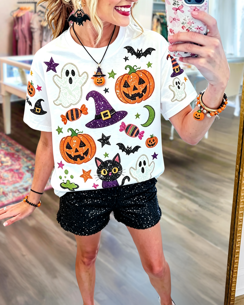 Playful Halloween Pumpkin Glitter Tee