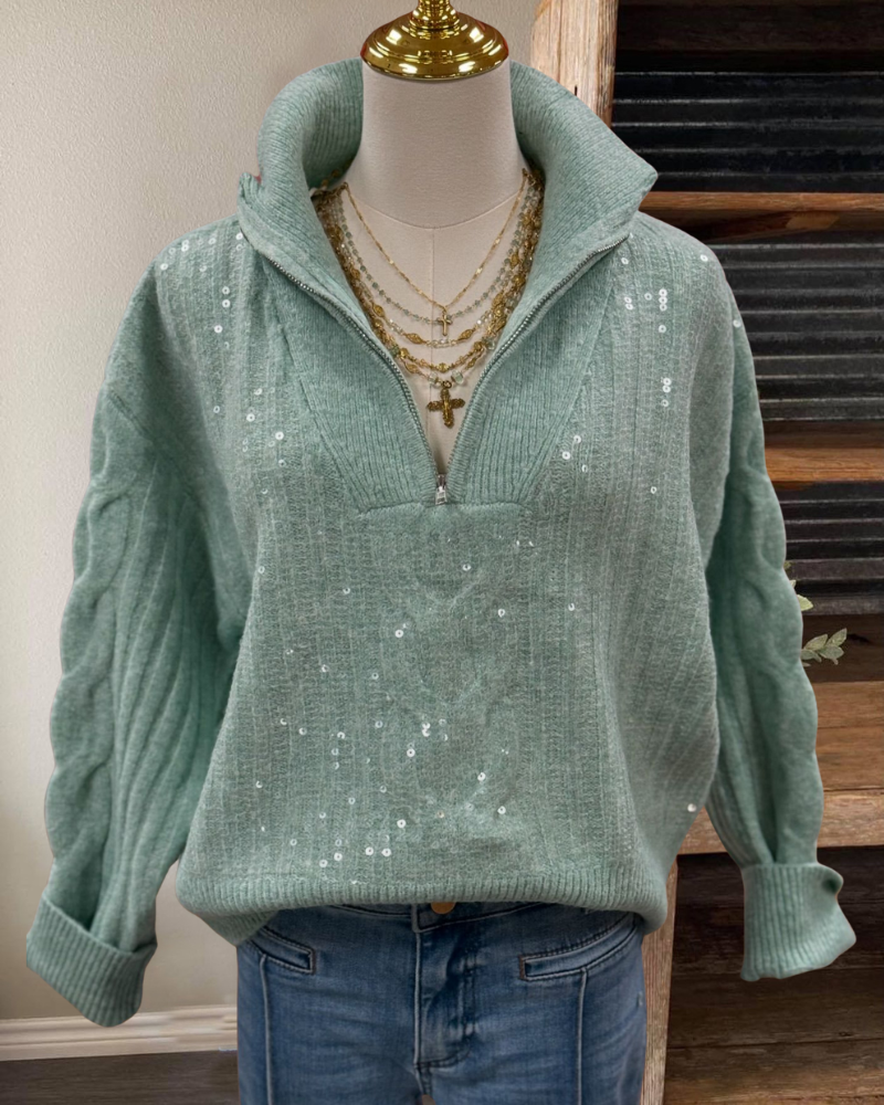 Textured Sequined Half-zip Knit Sweater