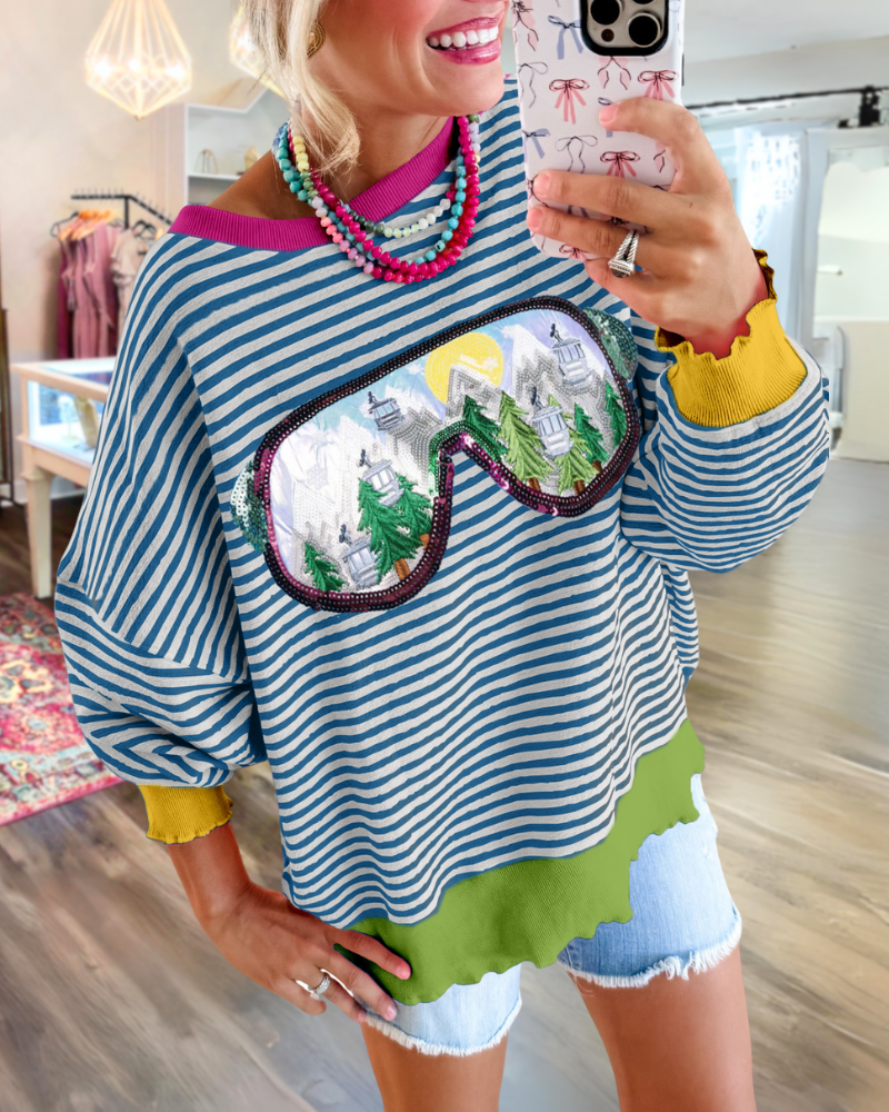 Ski Goggles Contrast Striped Sweatshirt