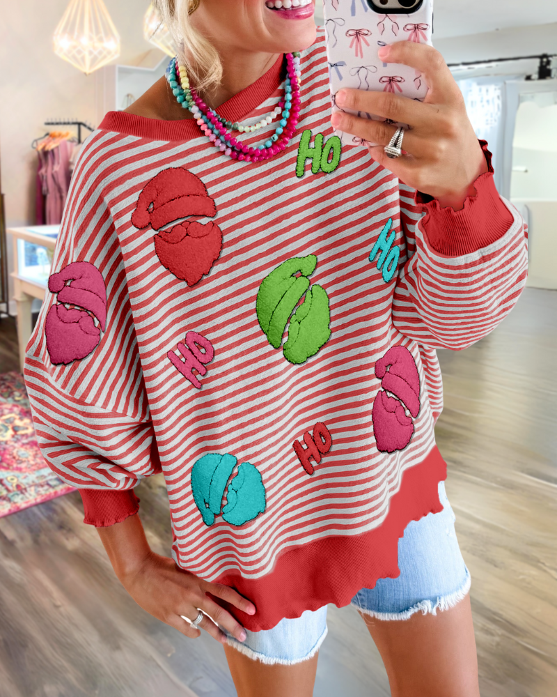 HO Christmas Embroidered Striped Sweatshirt