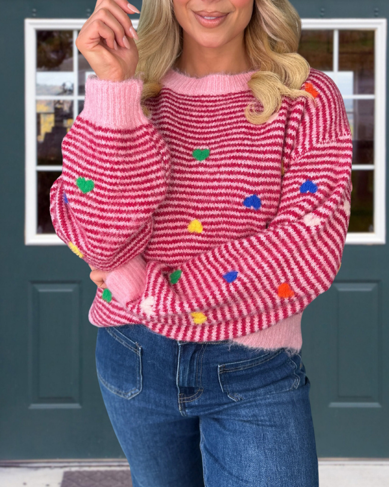 Heart Embroidered Striped Sweater