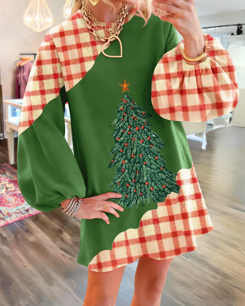 Christmas Tree Color-blocked Plaid Dress