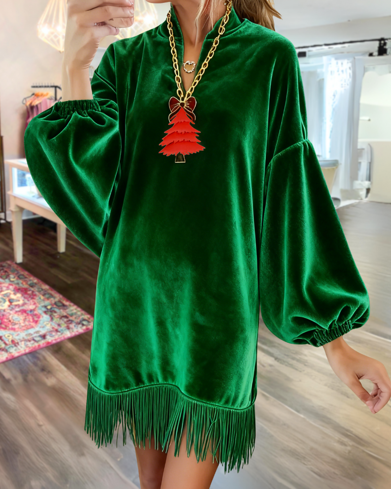 Velvet Tassel V-Neck Mini Dress