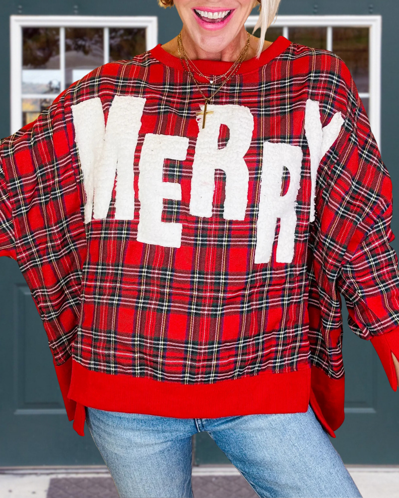 MERRY Embroidered Patch Plaid Sweatshirt
