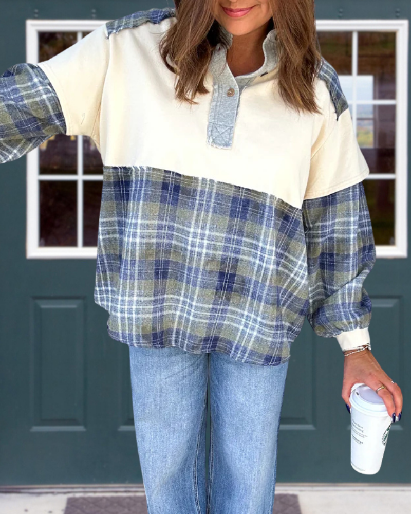 Plaid Henley Collar Sweatshirt
