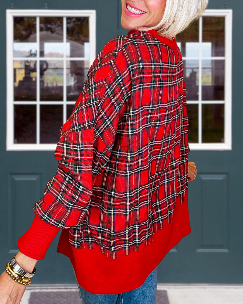 MERRY Embroidered Patch Plaid Sweatshirt