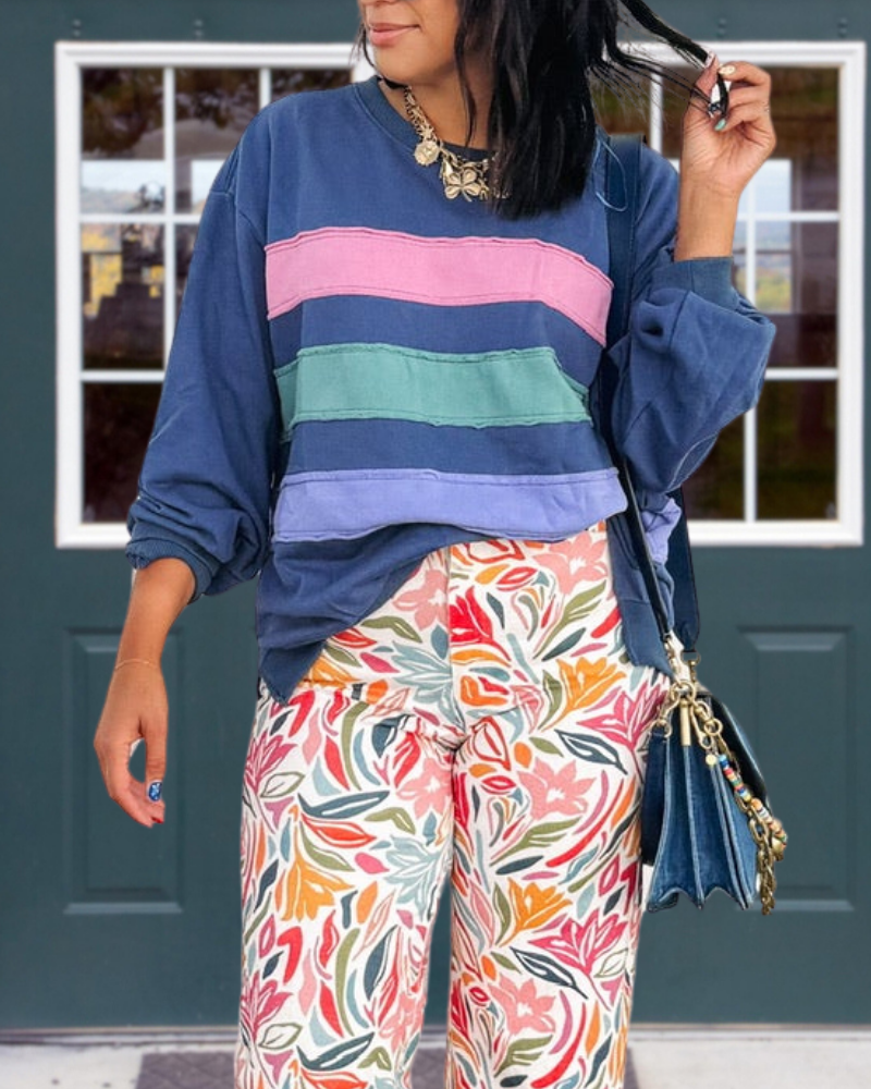Casual Color-blocked Striped Top