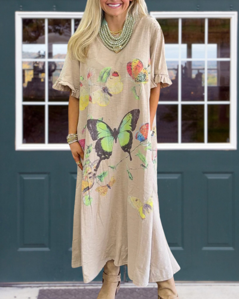 Butterfly Print Ruffle Dress