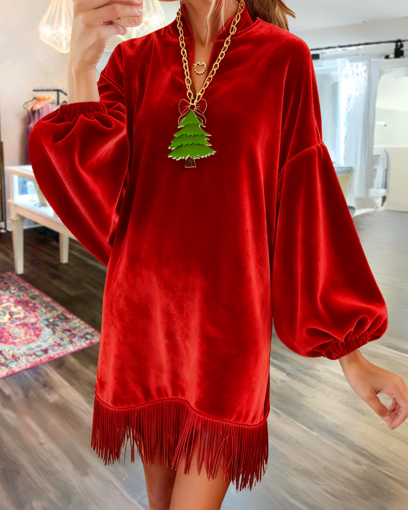 Velvet Tassel V-Neck Mini Dress