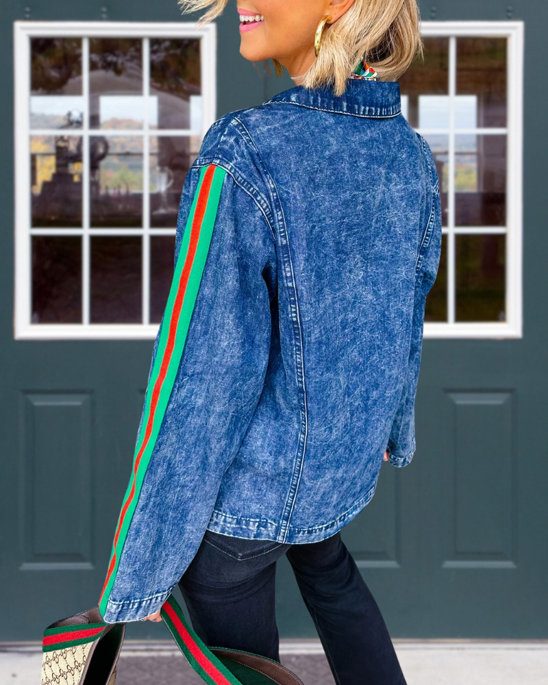 Striped Trim Denim V-neck Top