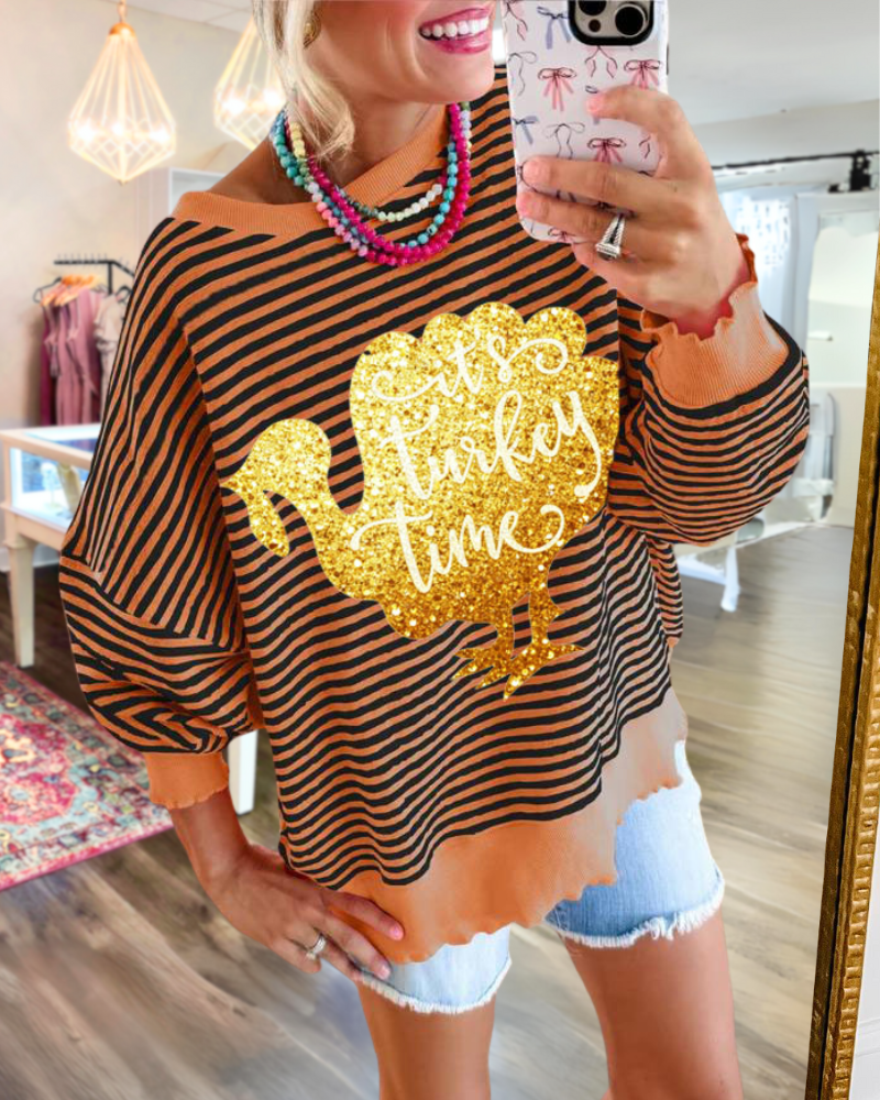 Thanksgiving Turkey Sequin Striped Sweatshirt