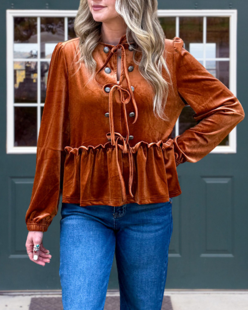 Elegant Lace-Up Velvet Blouse