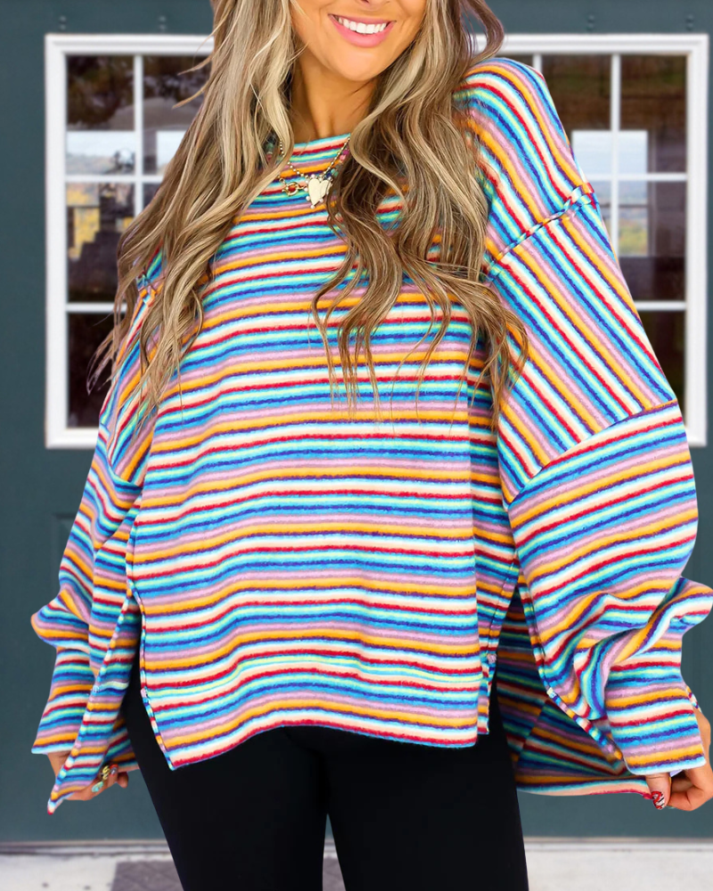 Rainbow Striped Split Pullover