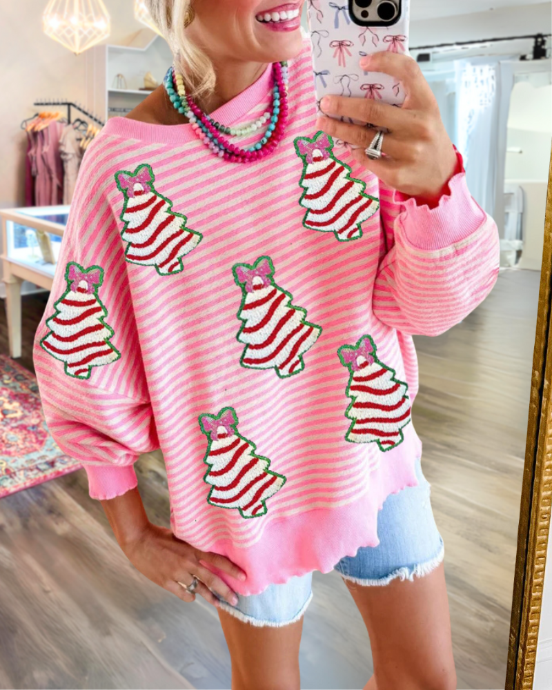 Christmas Tree Embroidered Patch Striped Sweatshirt