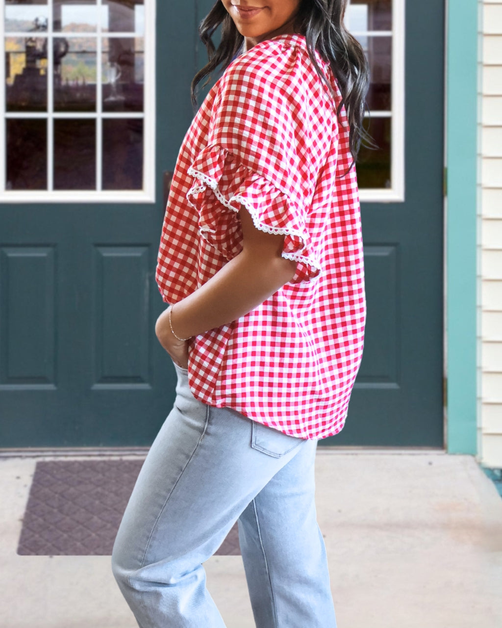 Lace-Trimmed Plaid V-neck Top