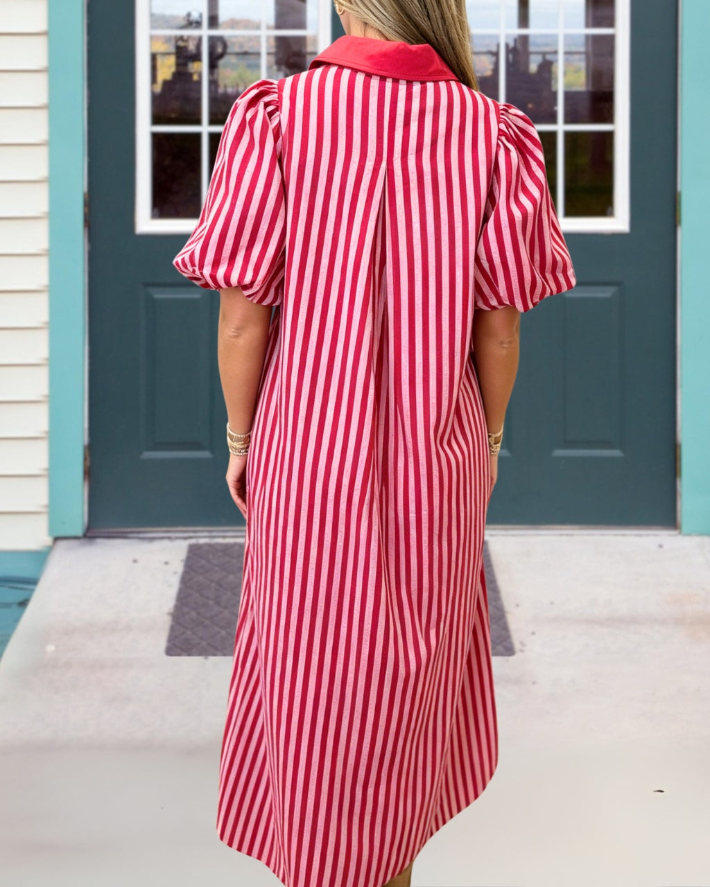 Stylish Puff Sleeves Striped Maxi Dress