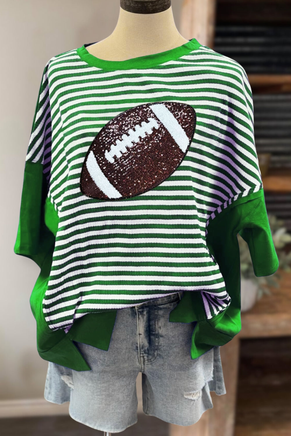 Glittery Football Striped Oversized Tee