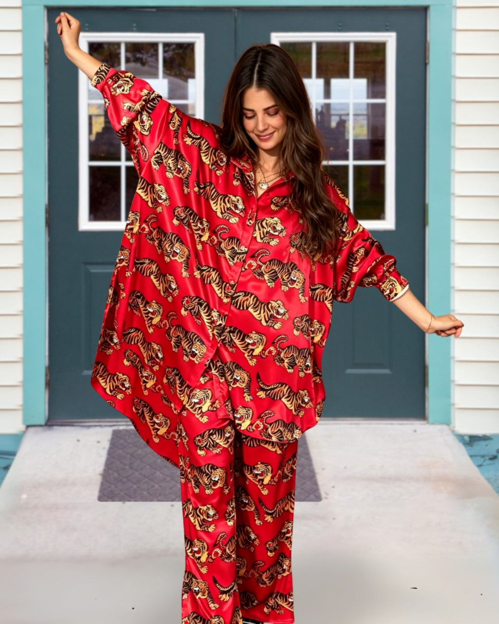 Oversized Tiger Print Satin Set