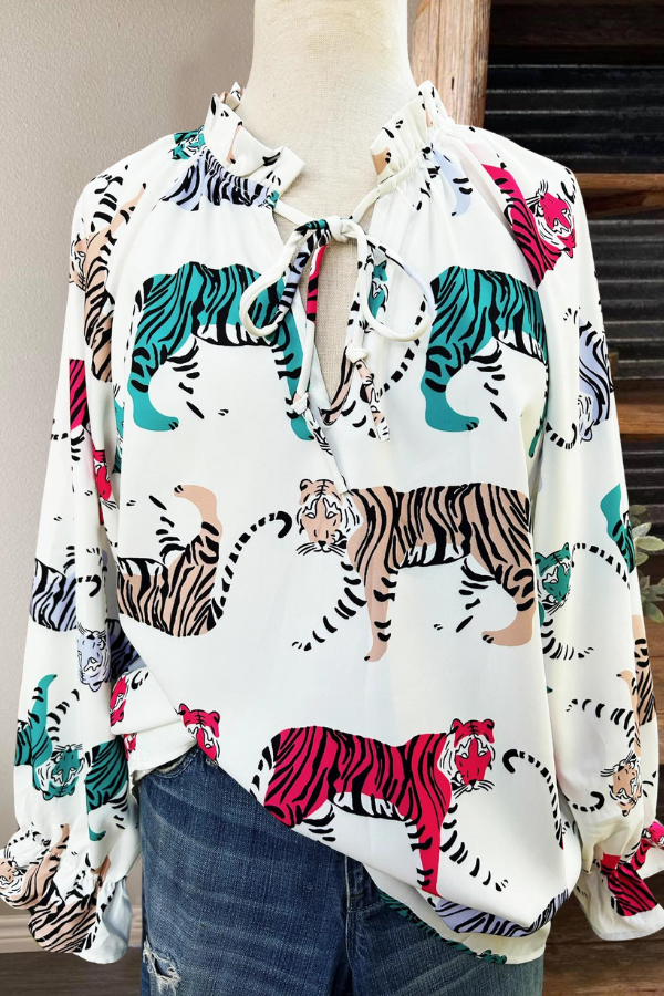 Multi Tiger Ruffle Puff Sleeve Blouse