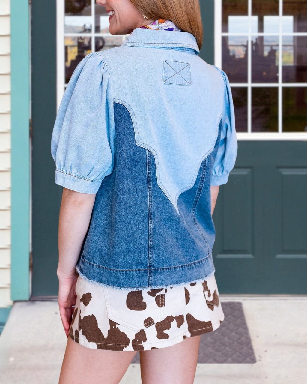 Color-blocked Denim Puff Sleeve Shirt