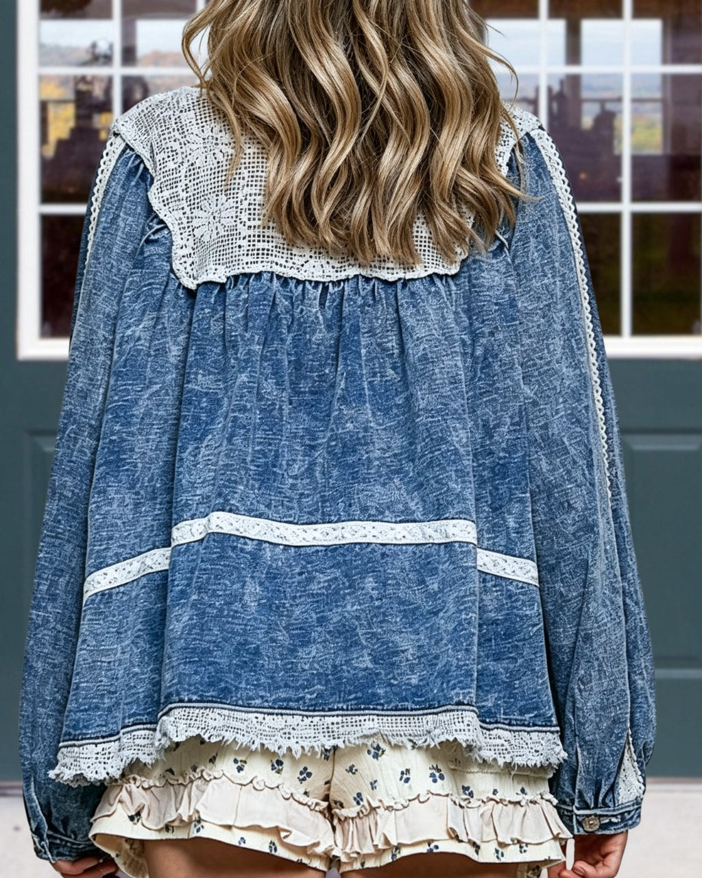 Denim Lace Patchwork Long-sleeved Top