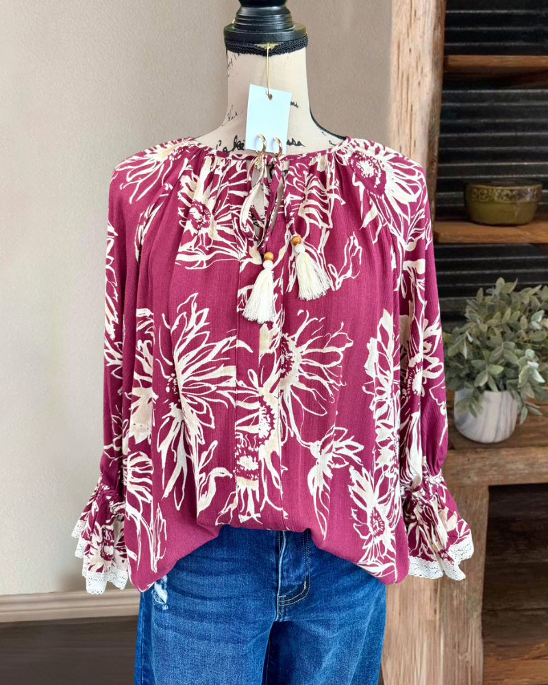 Retro Floral Tassel Tie-Neck Top
