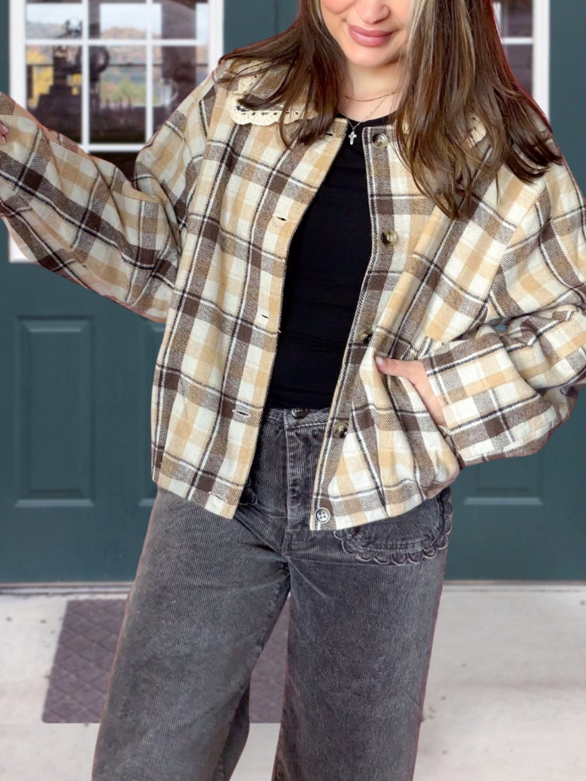 Lace Trimmed Plaid Wool Blend Jacket