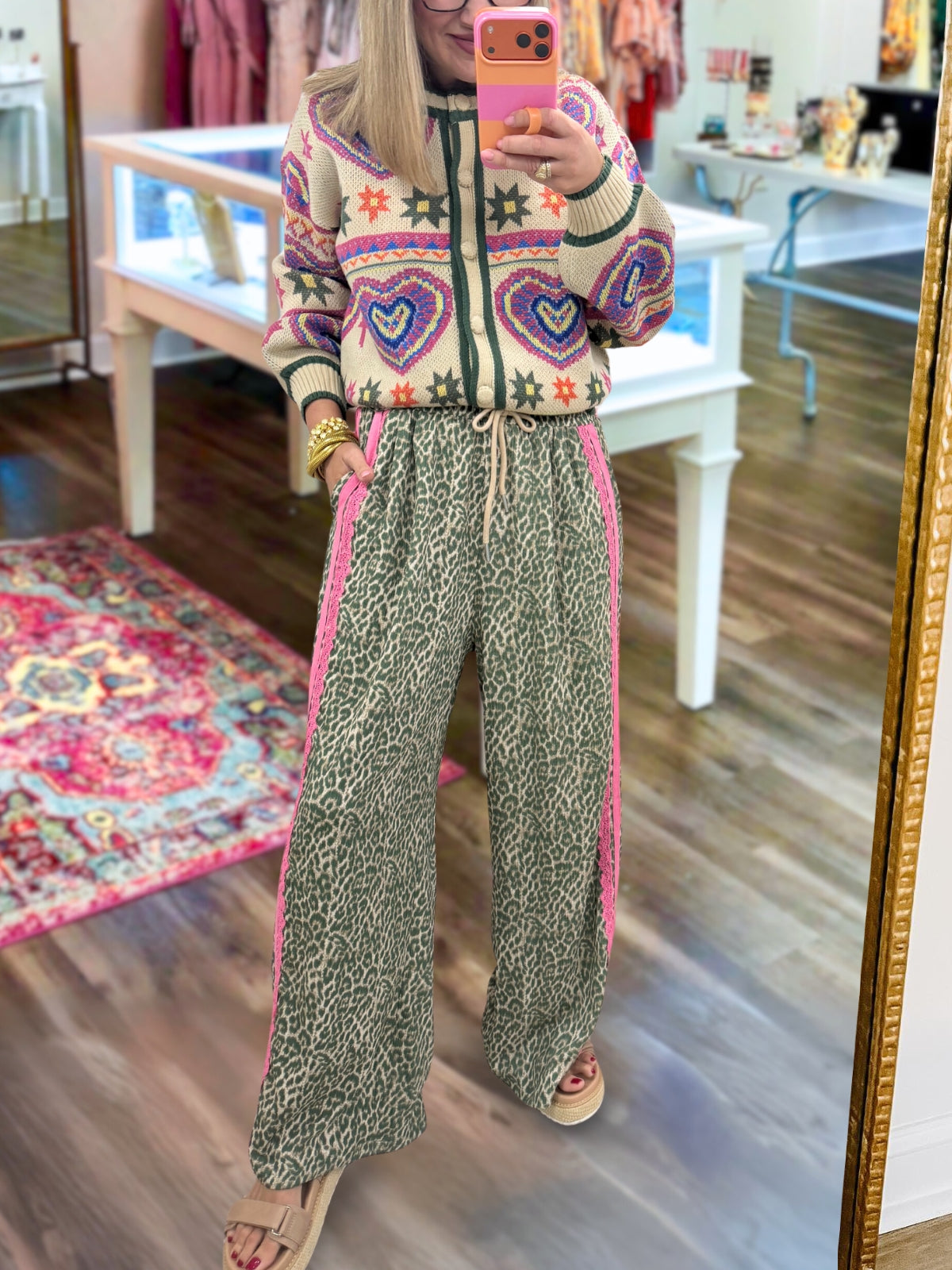 Lace Side Stripe Leopard Print Pants