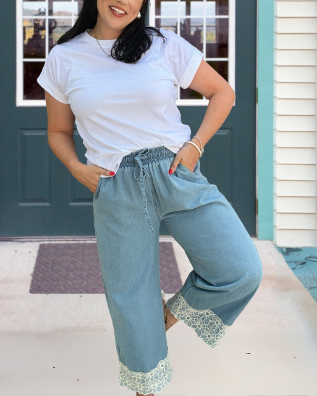 Floral Embroidered Hem Denim Pants