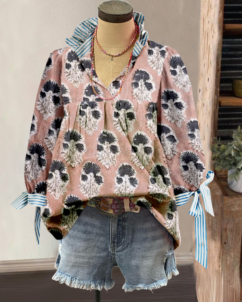 Chic Floral Striped Trim Top