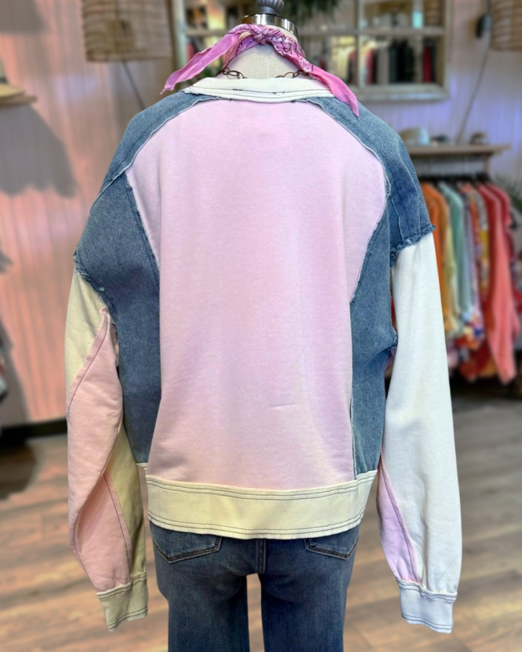 Washed Distressed Color Blocked Pullover