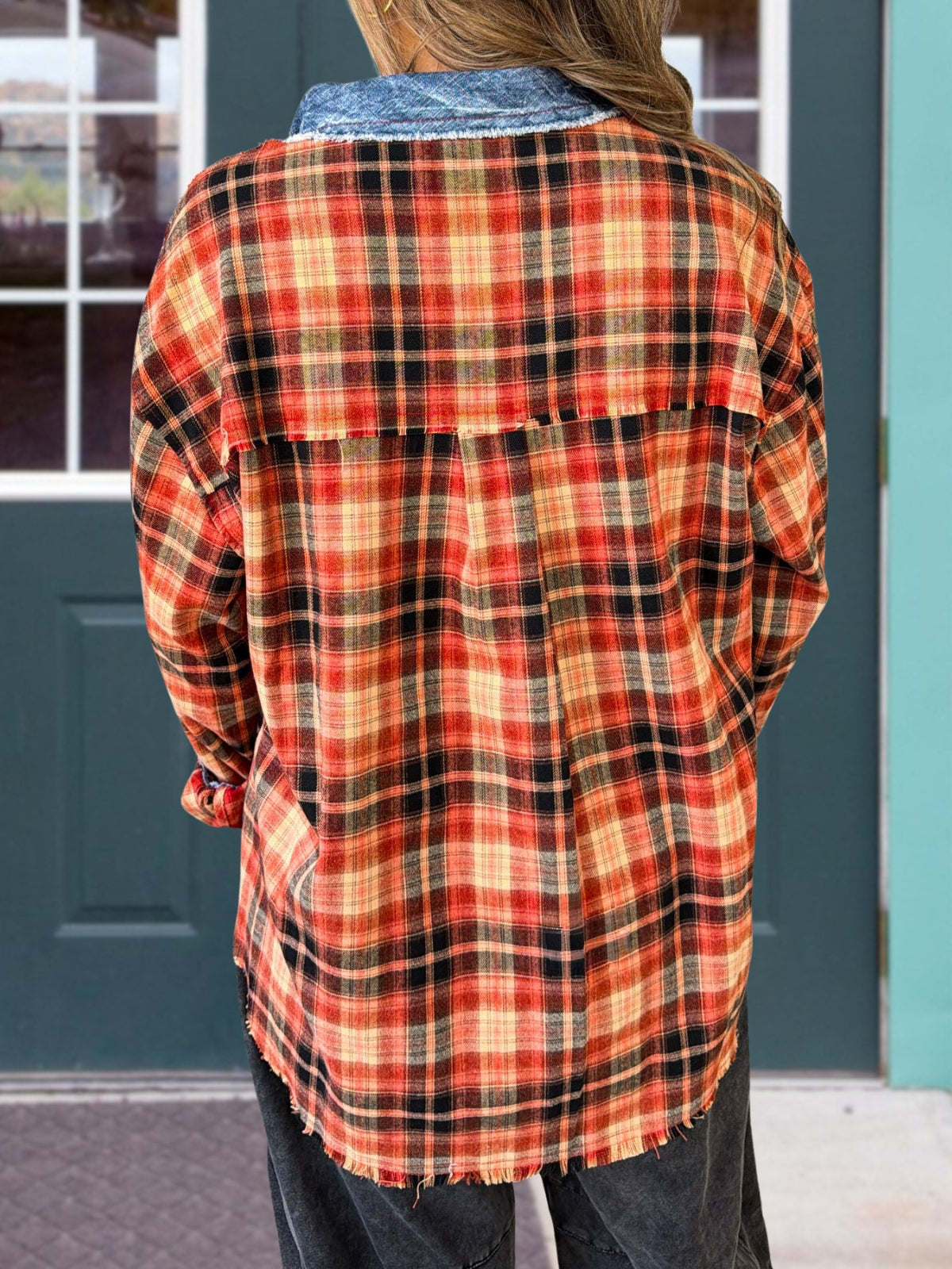 Brushed Plaid Denim Patchwork Shirt