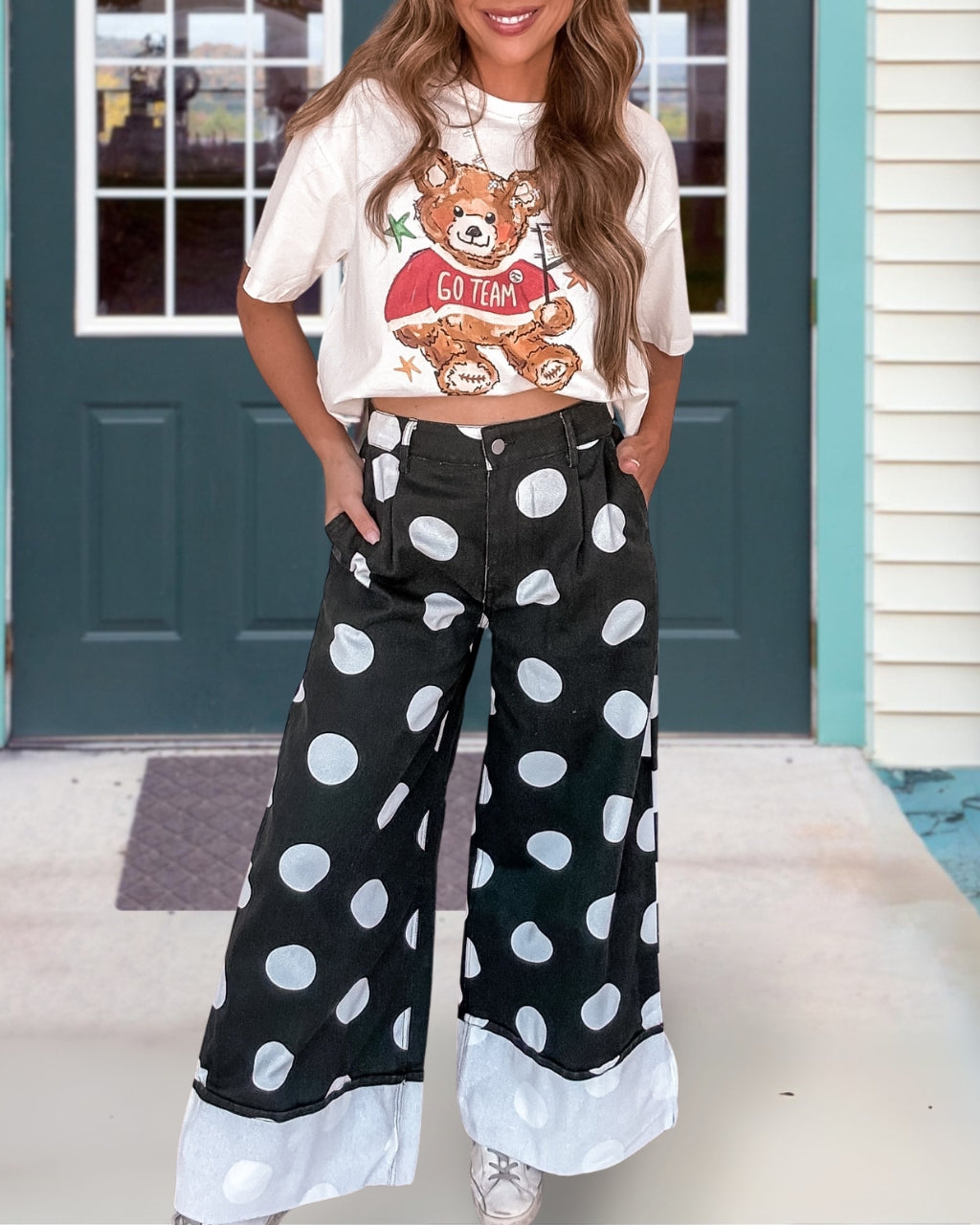 Polka Dot Roll Up Denim Pants