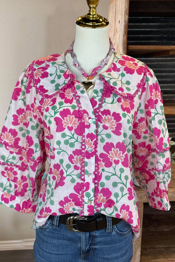 Graceful Floral Lapel Blouse