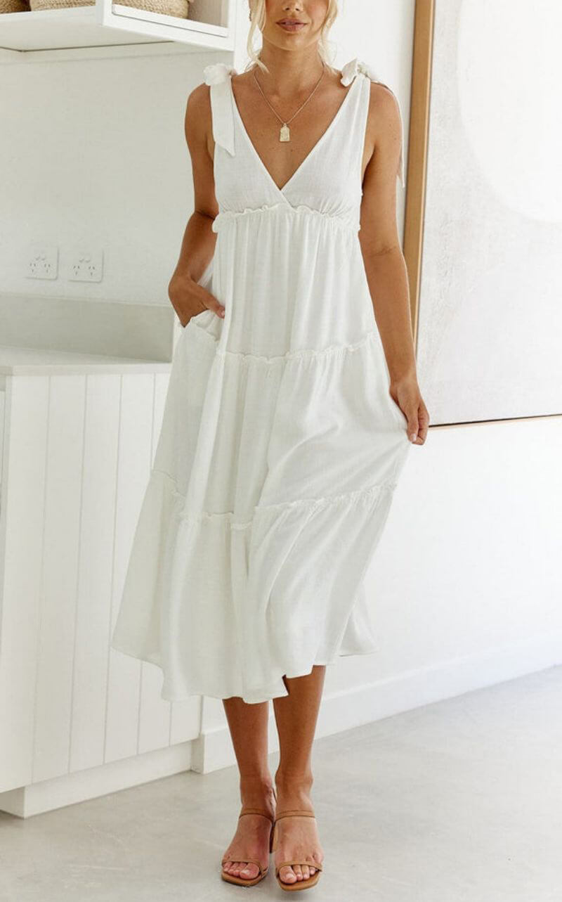 Elegant Linen V-Neck Tie Dress