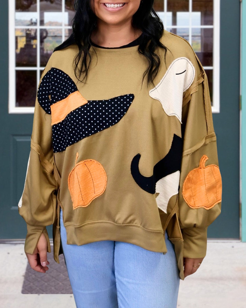 Halloween Pumpkin Ghost Embroidery Patchwork Pullover