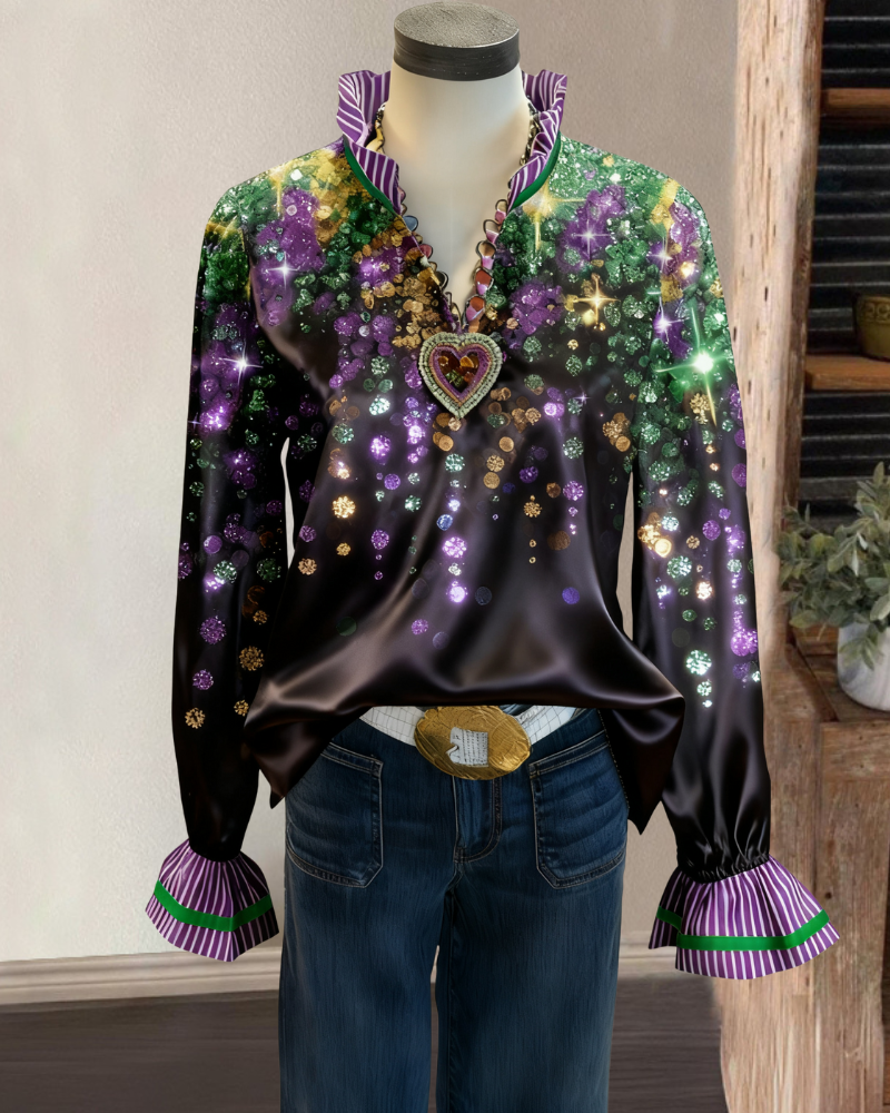 Sparkling Patterned Ruffled Satin Top