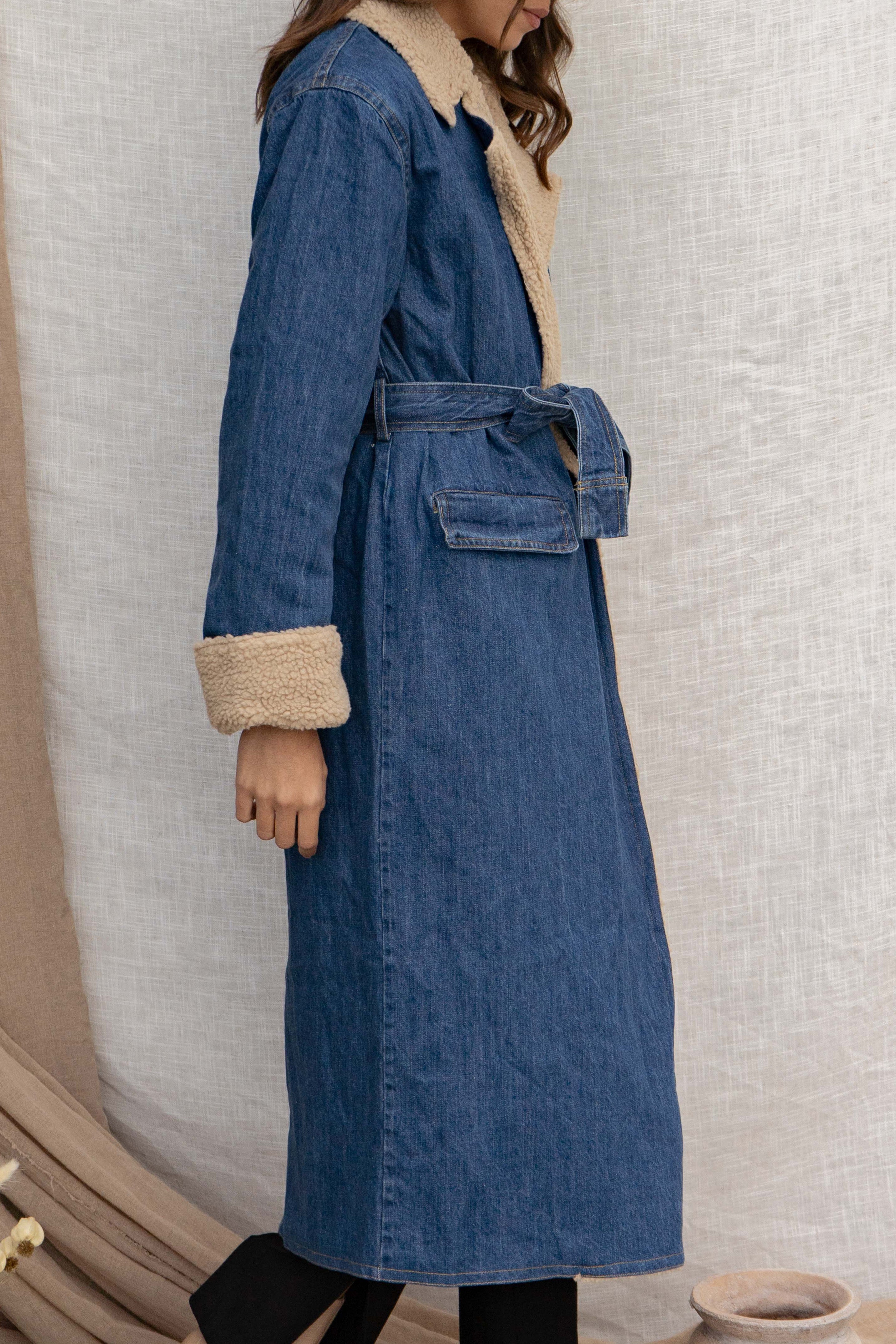 Sherpa Lined Denim Trench Coat