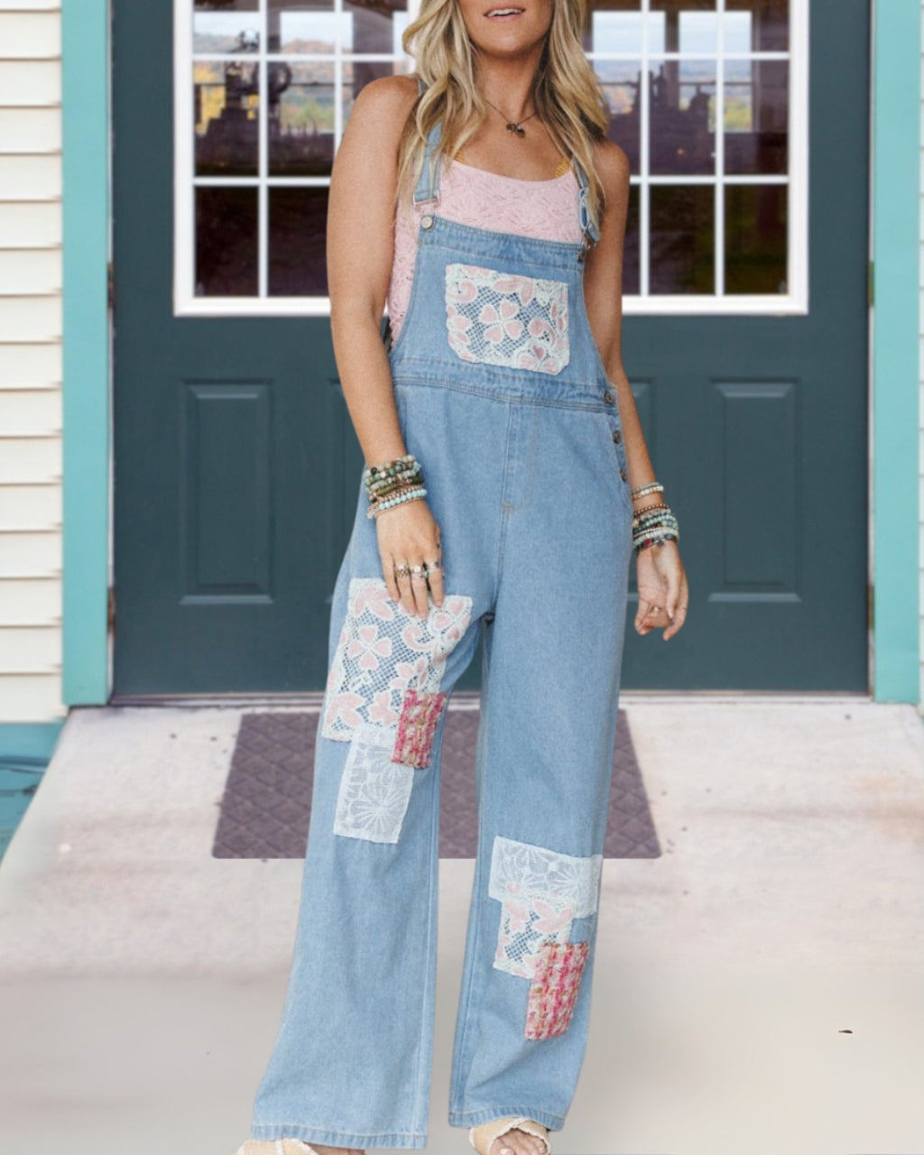 Lace Patchwork Denim Overalls