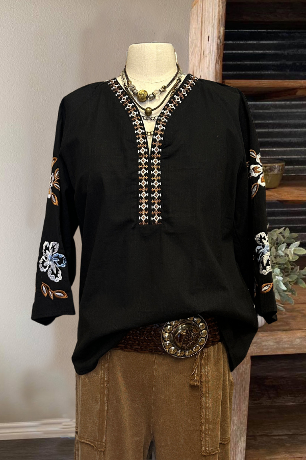 Black Embroidered Sleeve Top