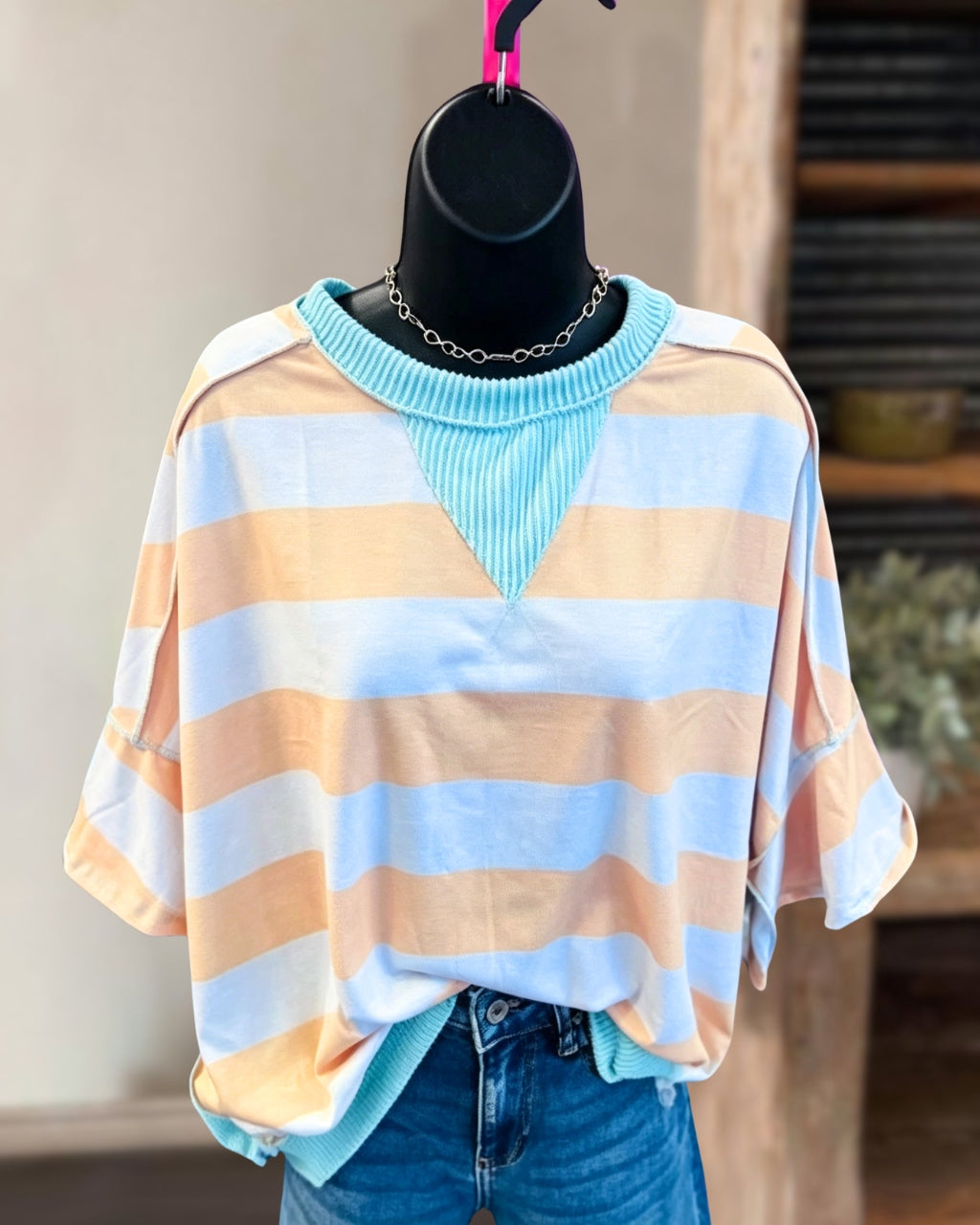 Reverse Stitching Striped Ribbed Trim T-shirt