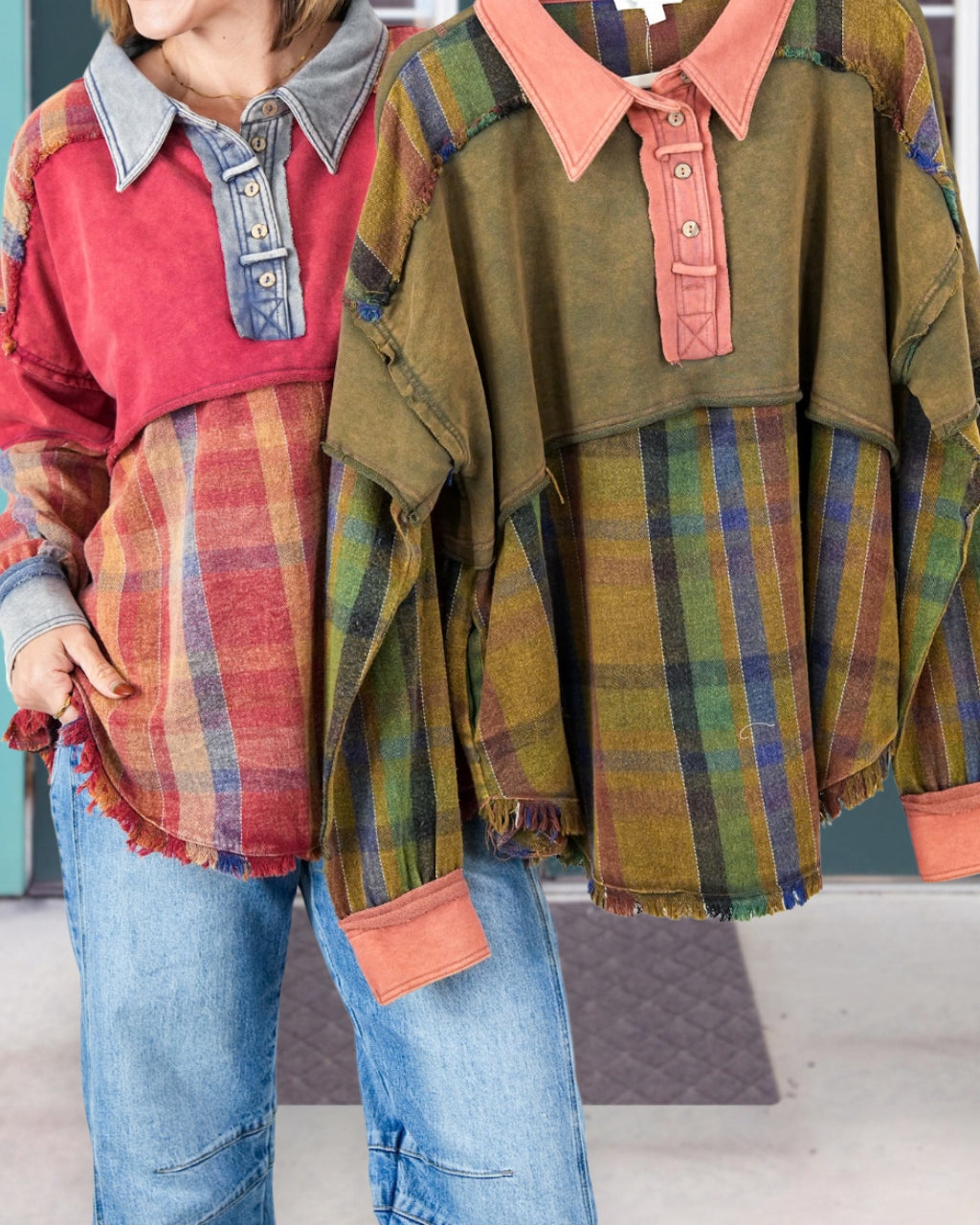 Patchwork Washed Plaid Colorblock Pullover