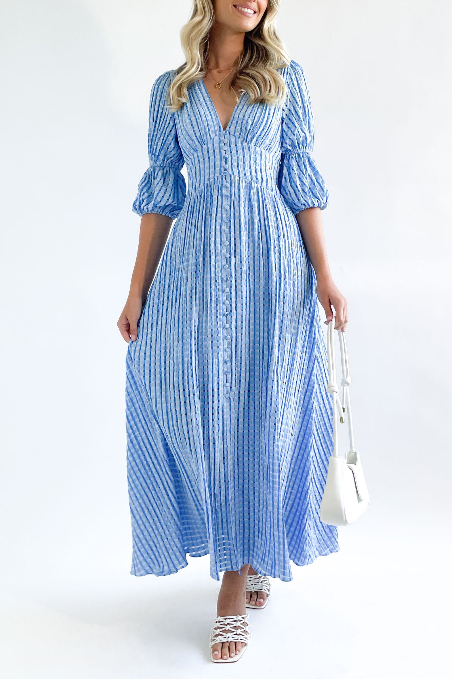 Small Squares Maxi Dress-Blue