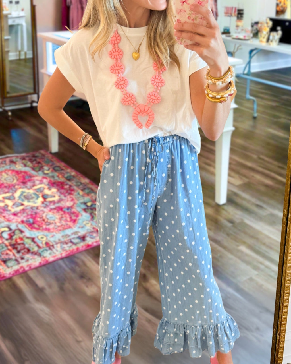Polka-Dot Ruffled Hem Pants
