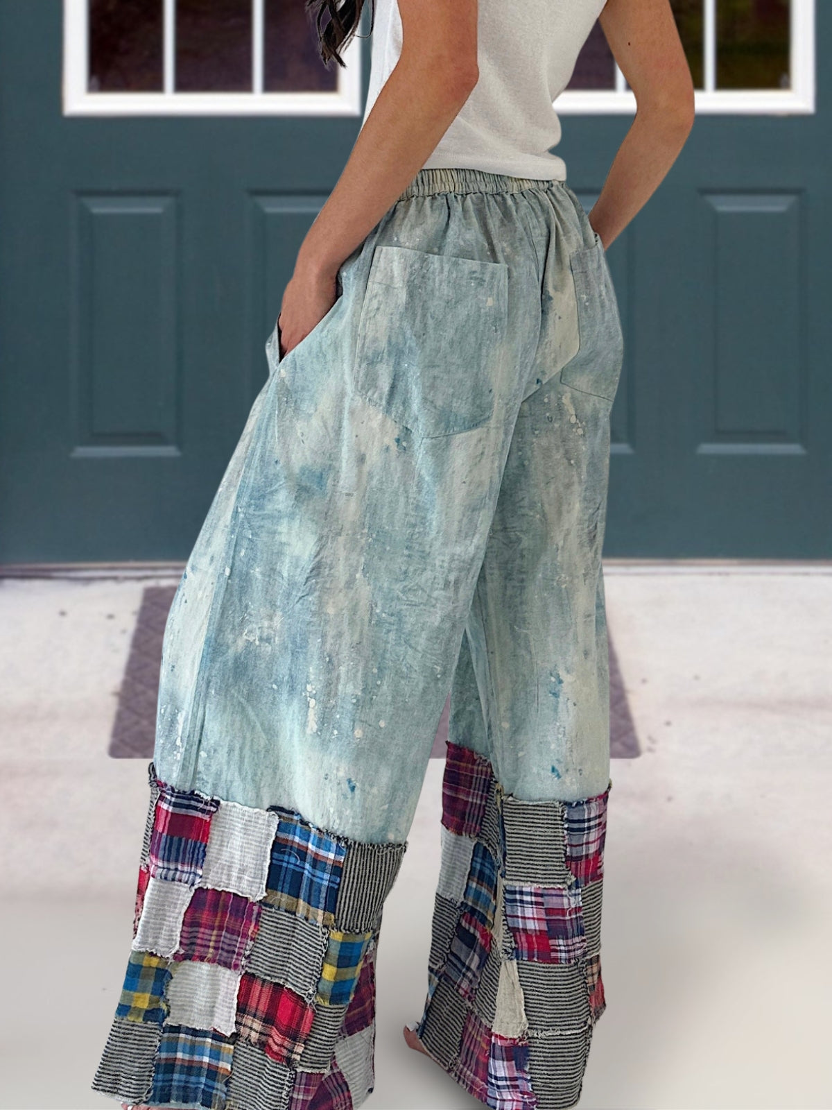 Plaid Patchwork Denim Wide-Leg Pants
