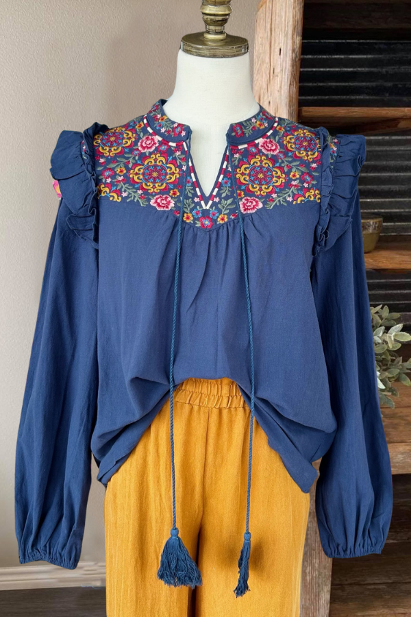 Floral Embroidered Puff Sleeve Blouse